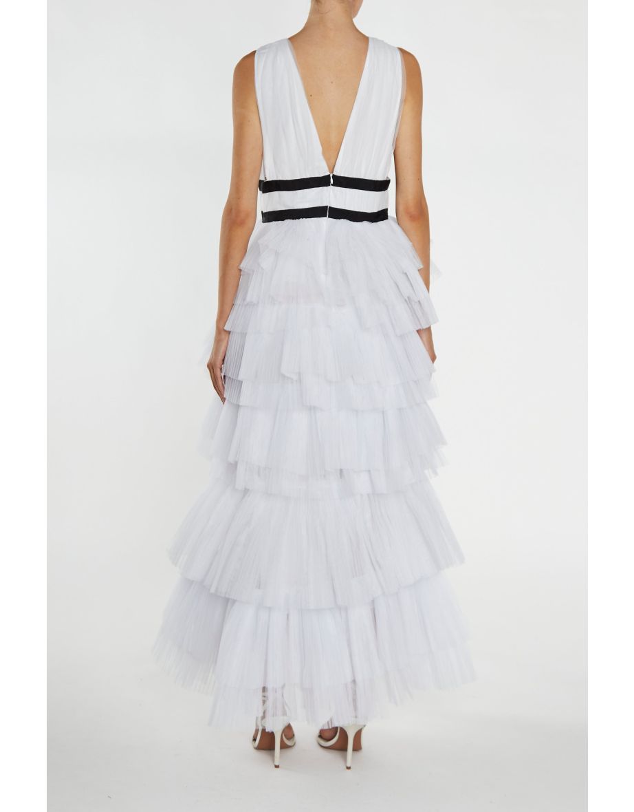 Eliza White Fully Lined Plunging Neck Maxi Dress with Layered Tulle Skirt - 3