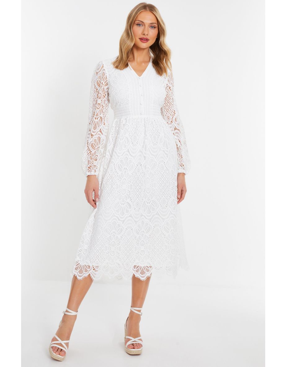 Shop White Crochet Lace Long Sleeve Midi Dress Online in Bahrain VogaCloset