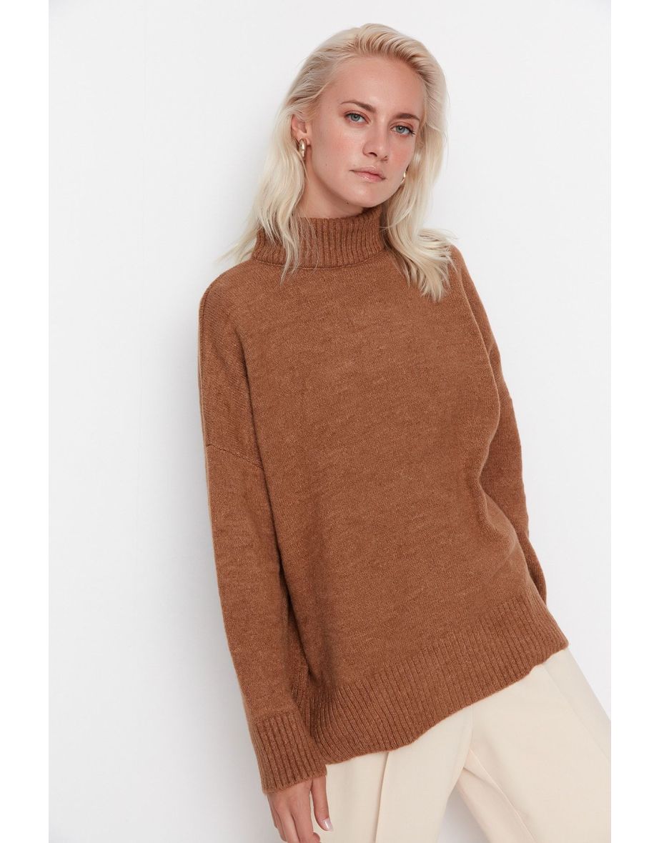 Light Brown Wide Fit, Soft Textured Standing Collar Knitwear Sweater