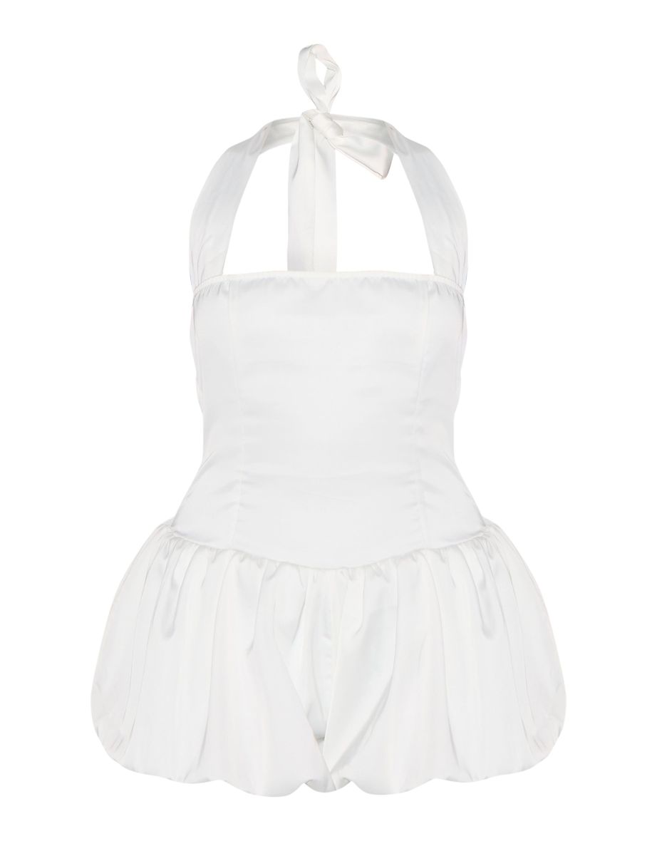 White Satin Halter Neck Puffball Playsuit - 4