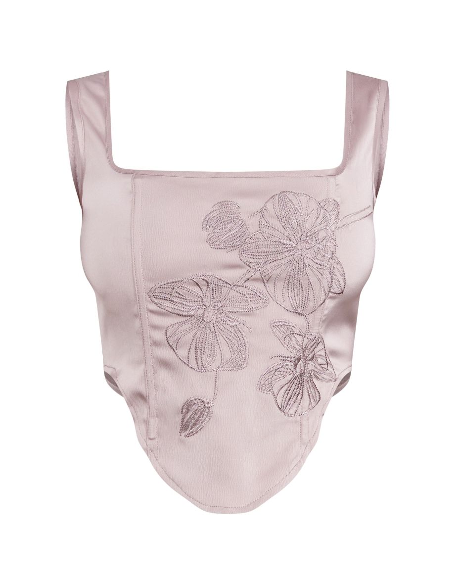 Taupe Satin Floral Embroidered Corset Top - 4