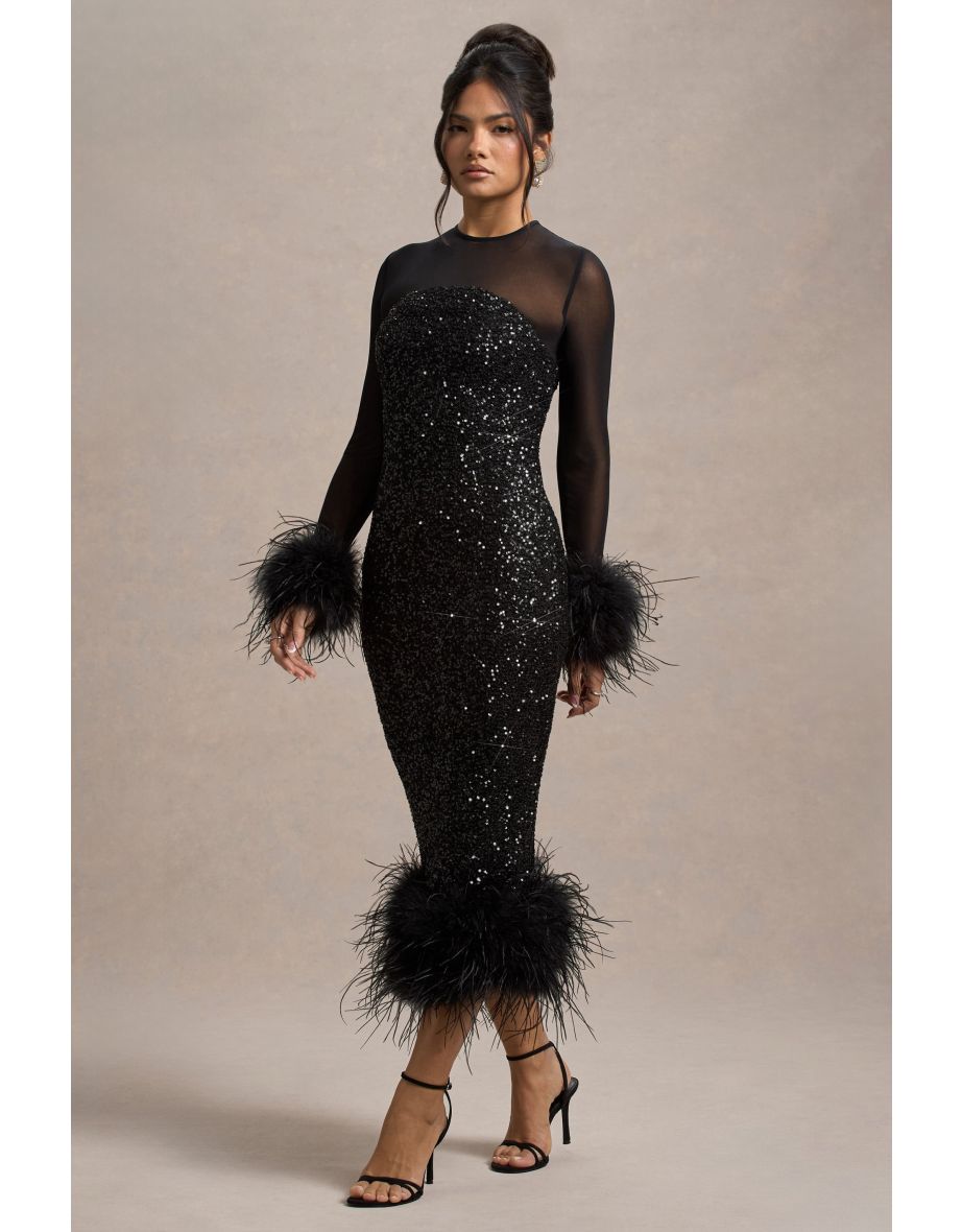 Afterglow | Black Sequin Long-Sleeve Midaxi Dress With Feather Trims - 5