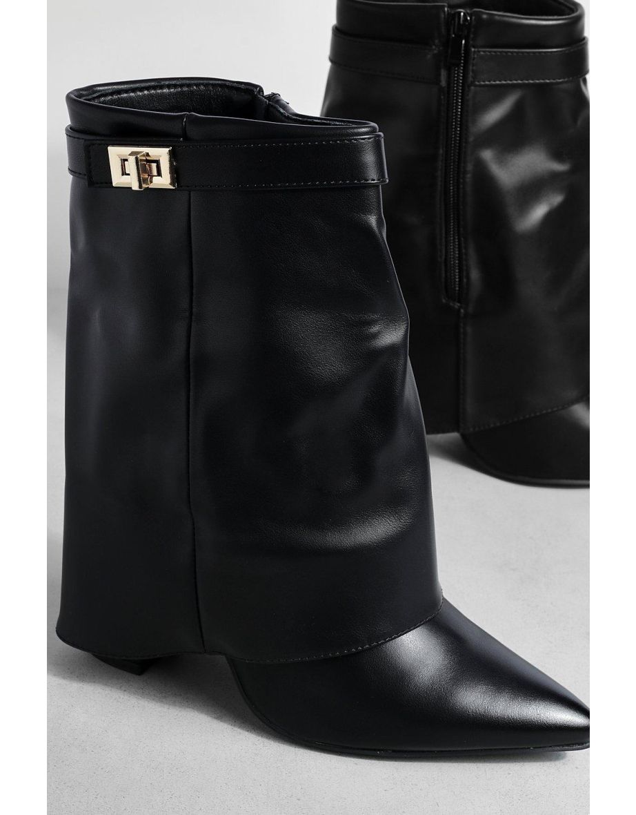Mid Height Fold Over Metal Detail Boots - black - 3