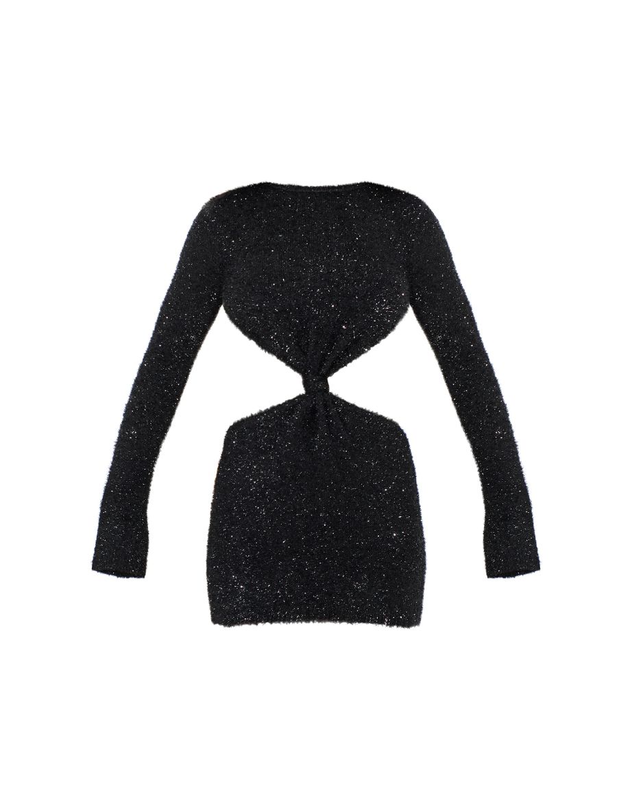 Black Tinsel Knit Twist Front Open Back Mini Dress - 4