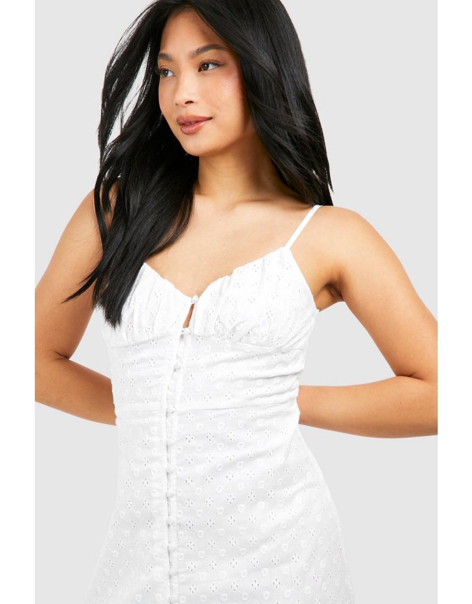 Petite Broderie Button Detail Midi Dress - white - 3