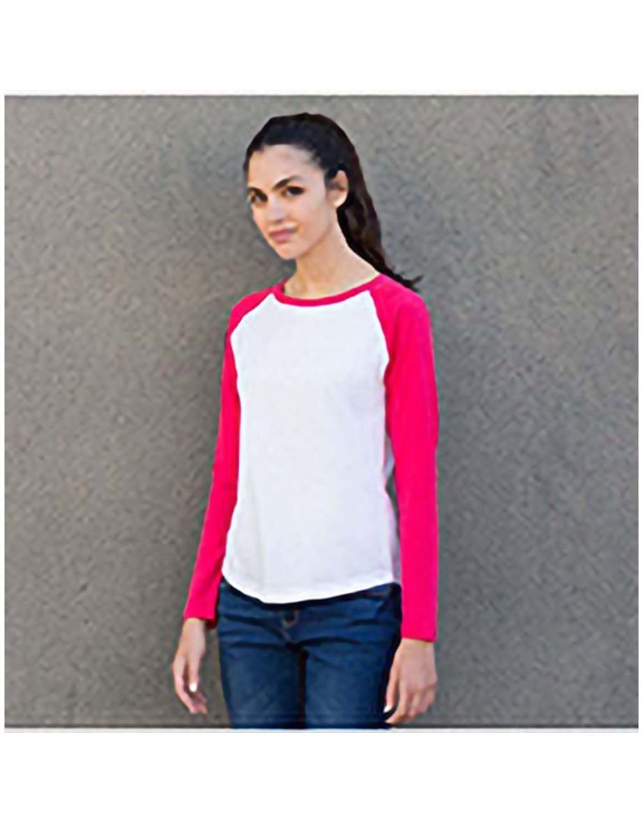 Skinnifit Womens/Ladies Long Sleeve Baseball T-Shirt - White /Hot Pink - 2