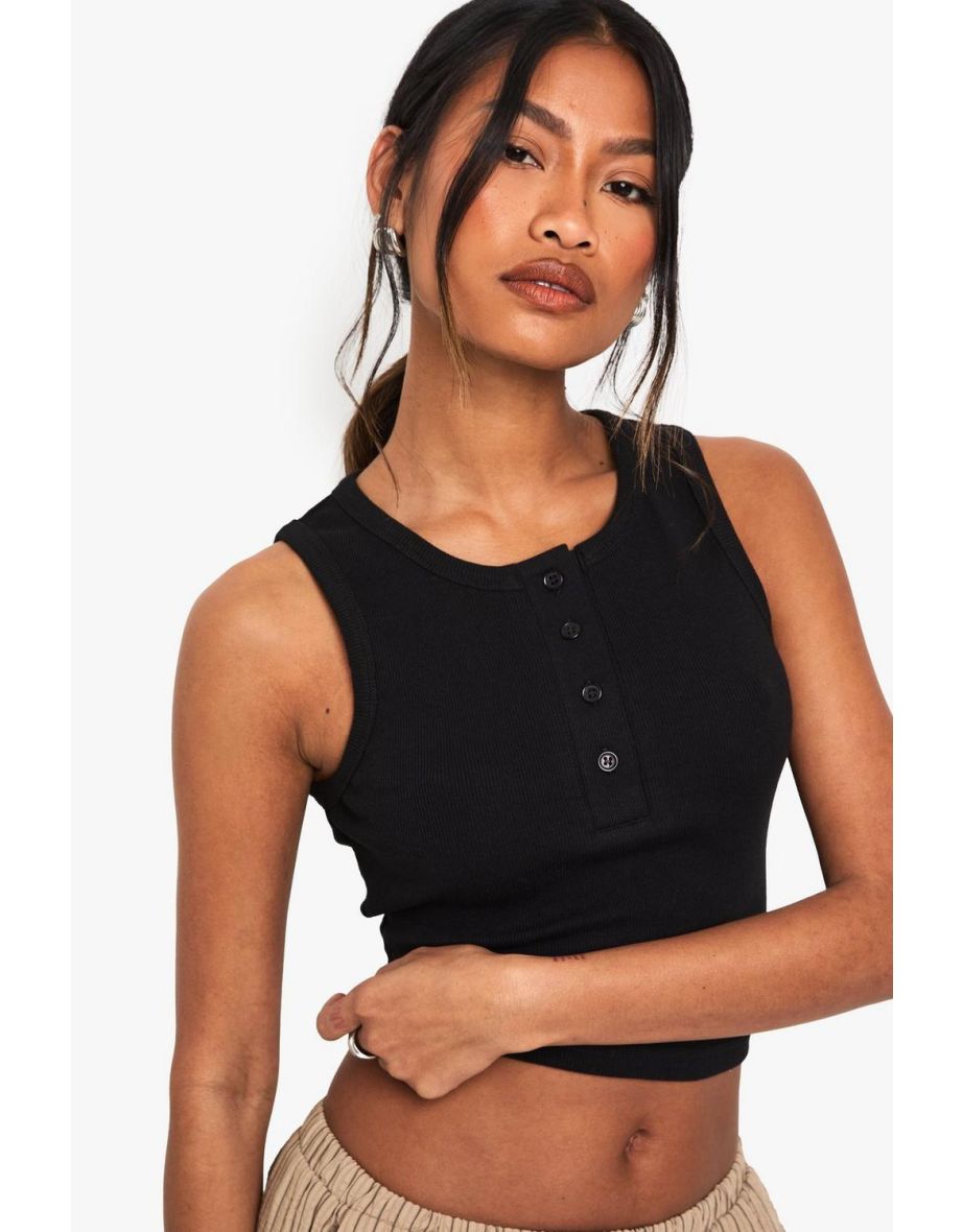 Button Detail Tank Vest Top - black - 3