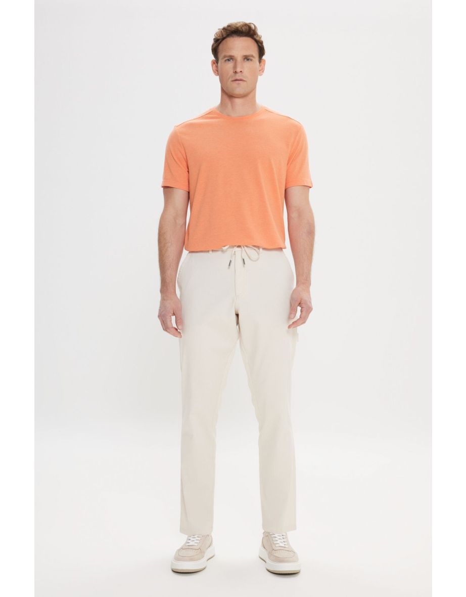Men's Beige Oversize Loose Cut Waist Tied Cotton Stretchy Dobby Side Pocket Trousers