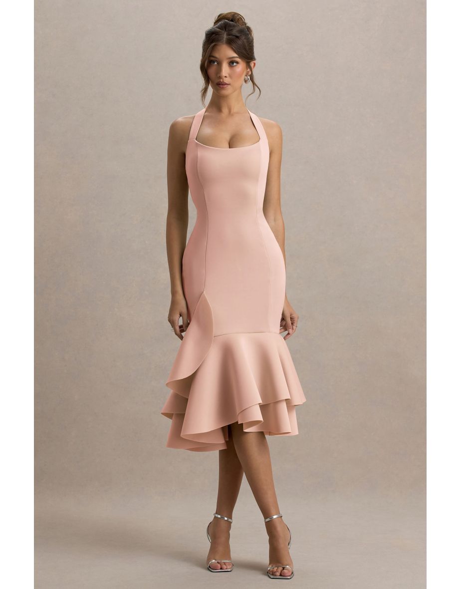 Arla | Pink Halter Neck Ruffle Trim Midi Dress