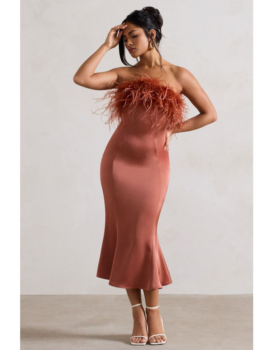 One And Only | Rust Satin Feather Trim Dress