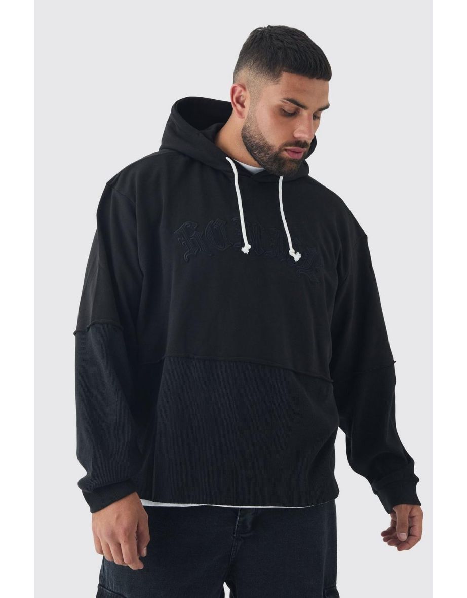 Plus Oversized Faux Layer Homme Waffle Hoodie - black