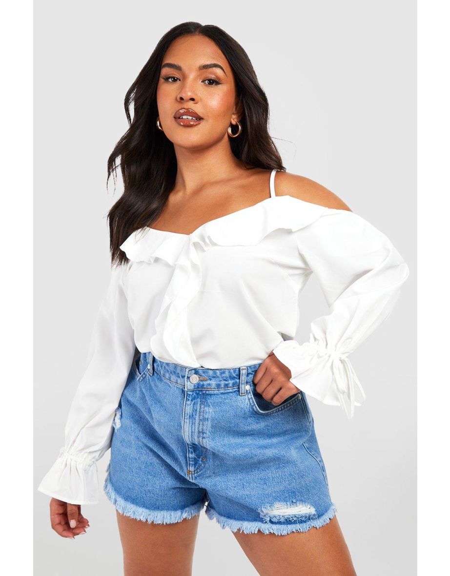 Shop Plus Ruffle Front Cold Shoulder Top white Online in Oman VogaCloset