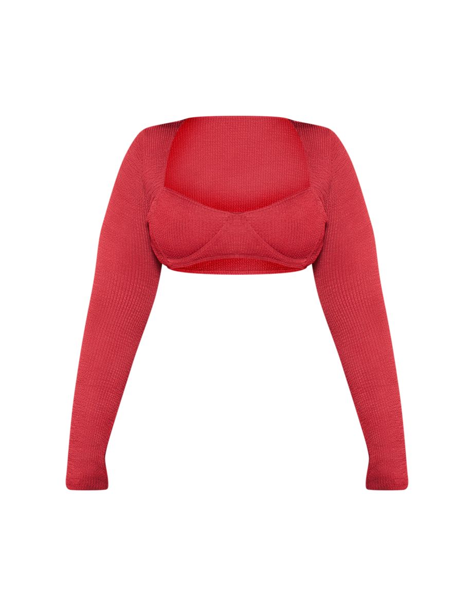 Plus Cherry Red Crinkle Long Sleeve Cupped Bikini Top - 3