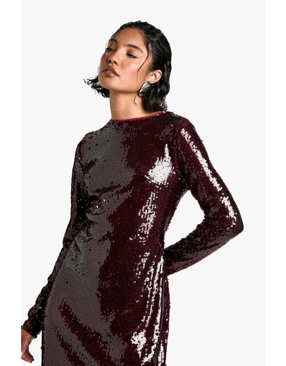 Tall Crew Neck Sequin Maxi Dress - plum - 3