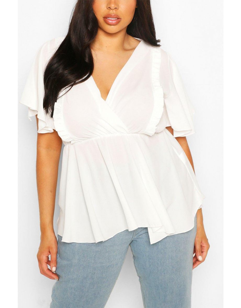 Plus Angel Sleeve Ruffle Peplum Top - ivory