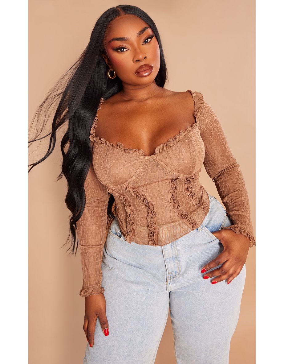 Cropped Mesh Detail Long Sleeve Top Brown