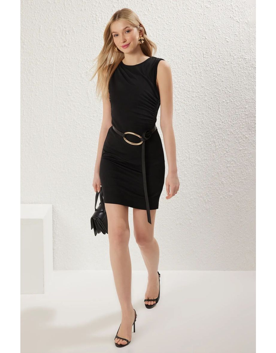 Black Plain Gather / Drape Mini Fitted / Body-Smoothing Flexible Knit Dress