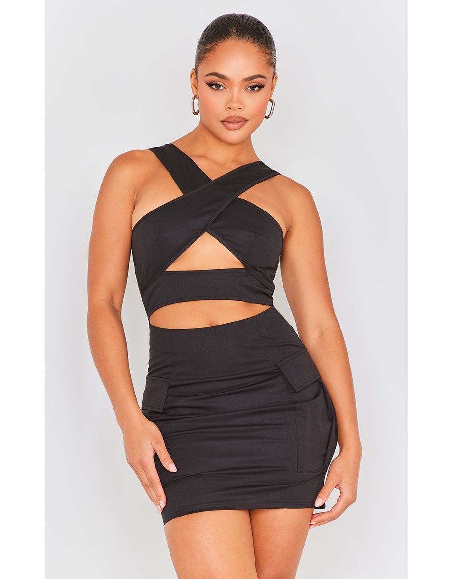 Black Cargo Cross Strap Cut Out Bodycon Dress
