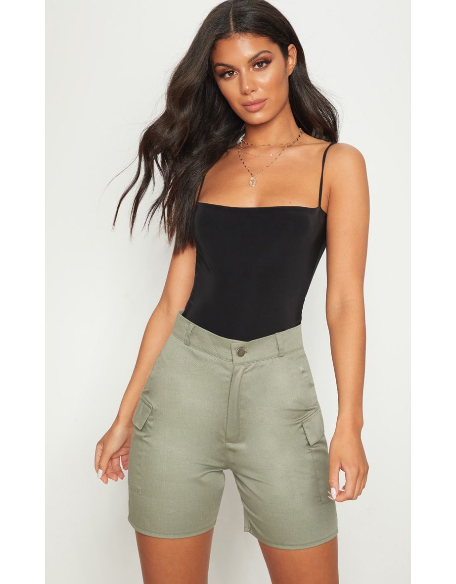 Black Slinky Square Neck Spaghetti Strap Bodysuit - 3