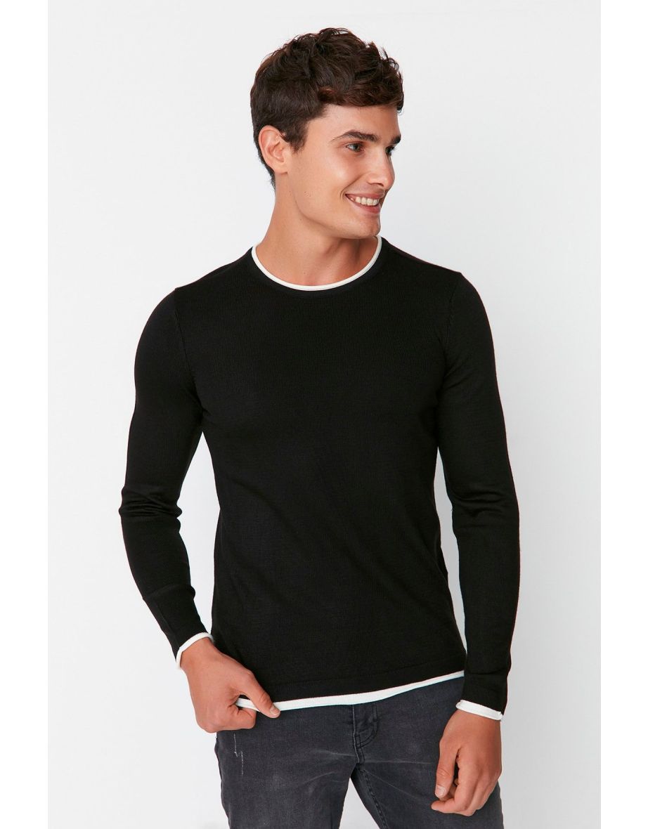Black Slim Fit Contrast Neck Webbing Sweater