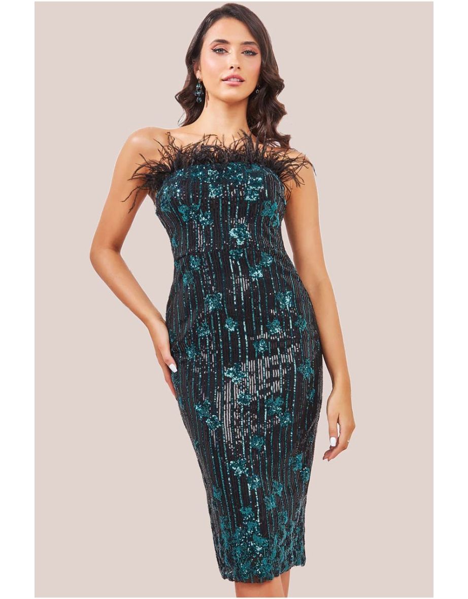 Goddiva Sequin And Feather Boobtube Midi - Emerald Green