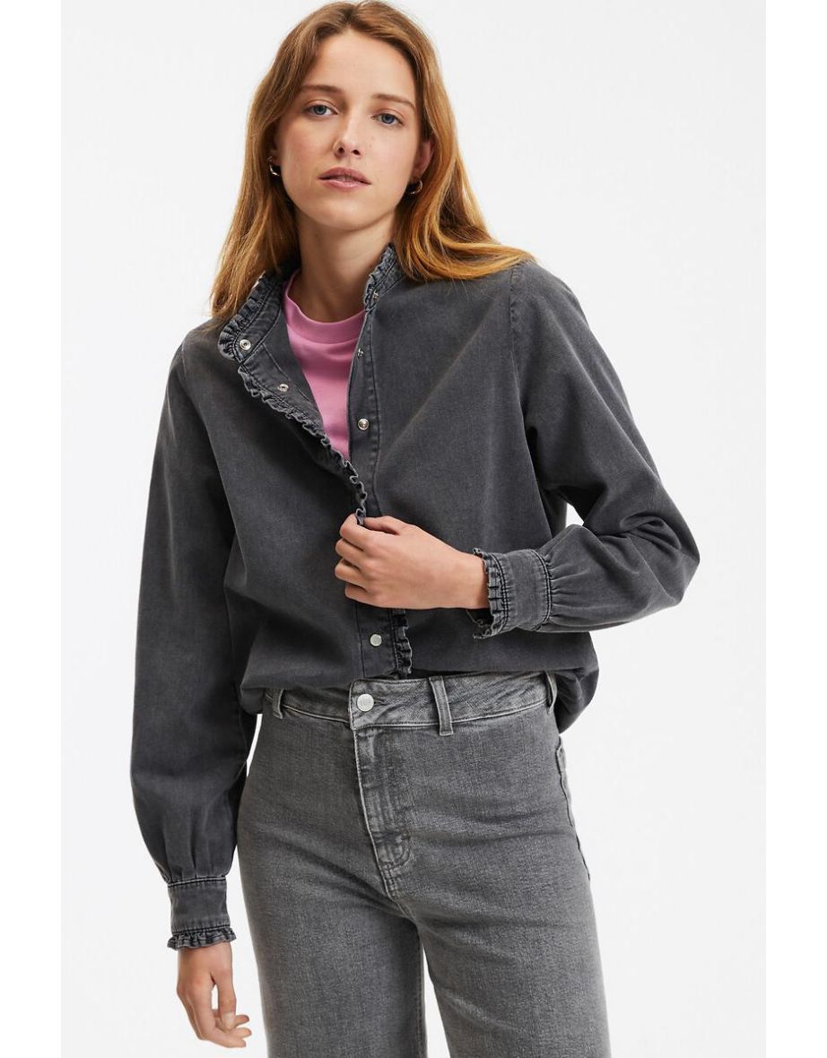 Organic Cotton Denim Shirt with Ruffled Victorian Collar and Long Sleeves