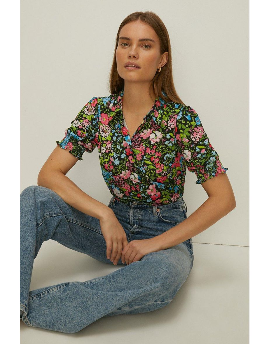 Slinky Jersey Floral Shirred Cuff Shirt