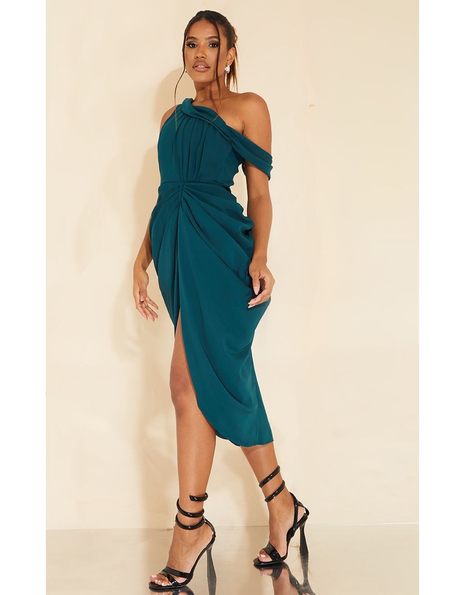 Shop Emerald Green Chiffon Asymmetric Strap Draped Midi Dress Online in Bahrain VogaCloset