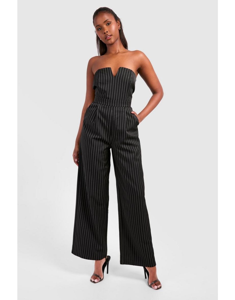 Pinstripe Bandeau Tailored Jumpsuit - black
