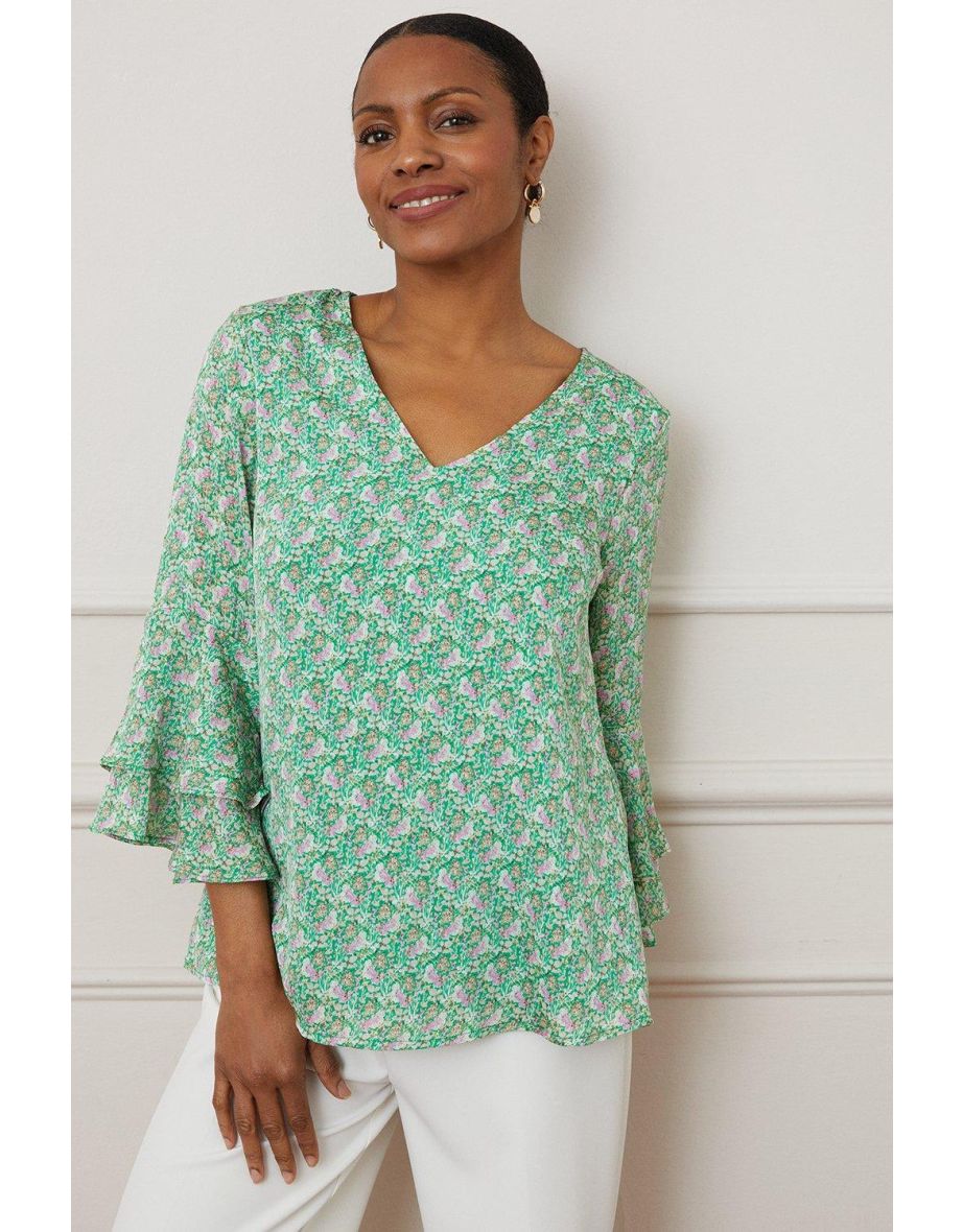 V Neck Ruffle Sleeve Blouse