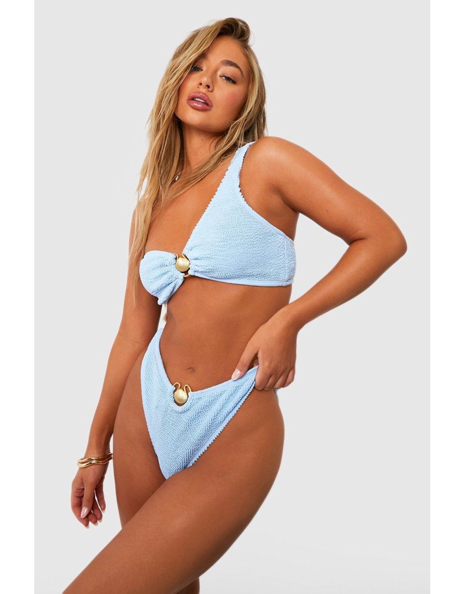Shell Trim Crinkle High Waist Bikini Brief - cornflower blue