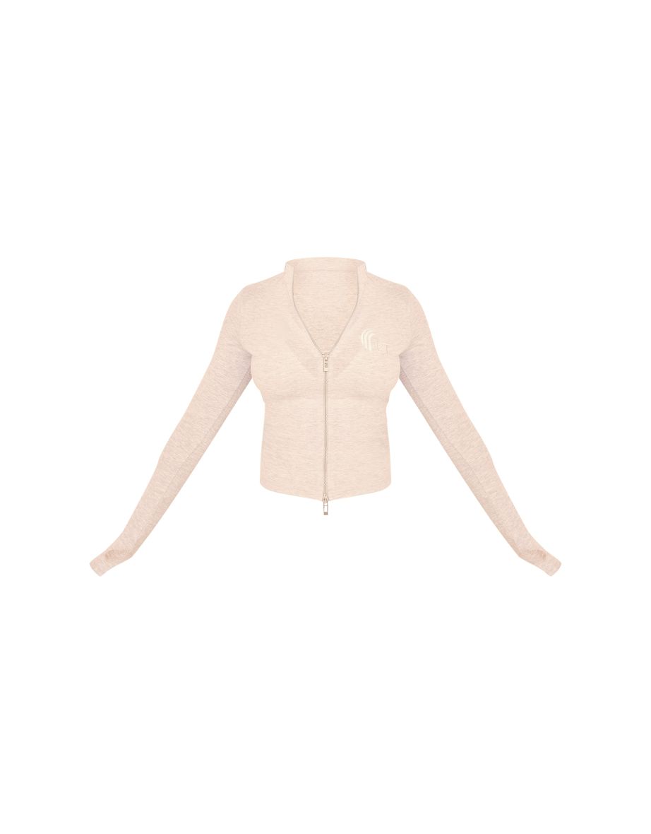 PRETTYLITTLETHING Grey Marl Embroidered Graphic Zip Up Long Top - 4