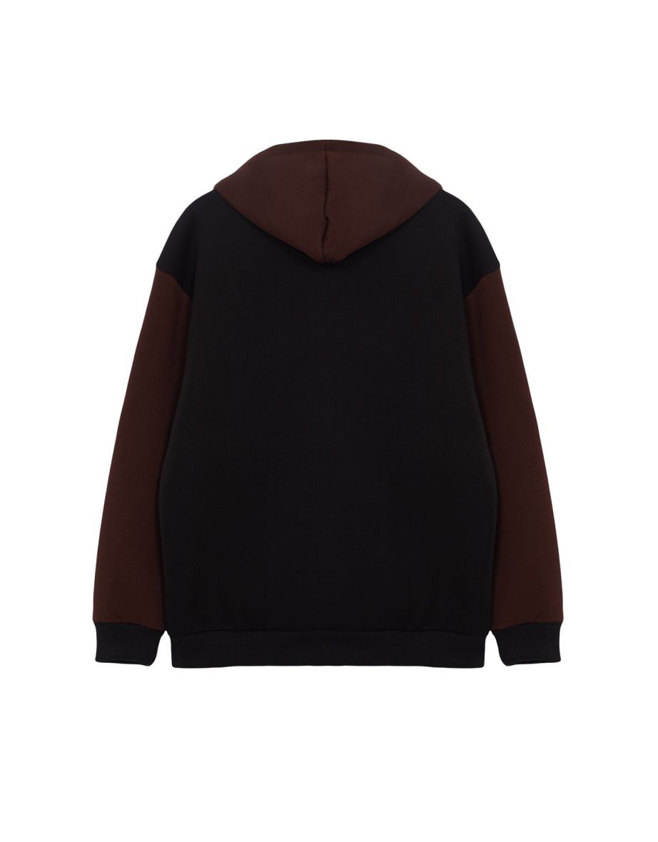 Black Oversize/Wide Cut Hooded Color Blocked Zippered Cardigan/Sweatshirt with Fleece Inside - 3