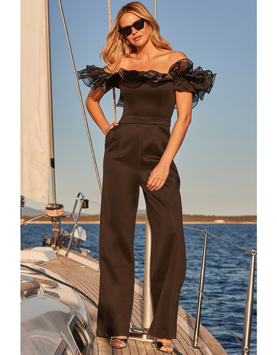 Black Organza Ruffle Wide Leg Bardot Jumpsuit - 4