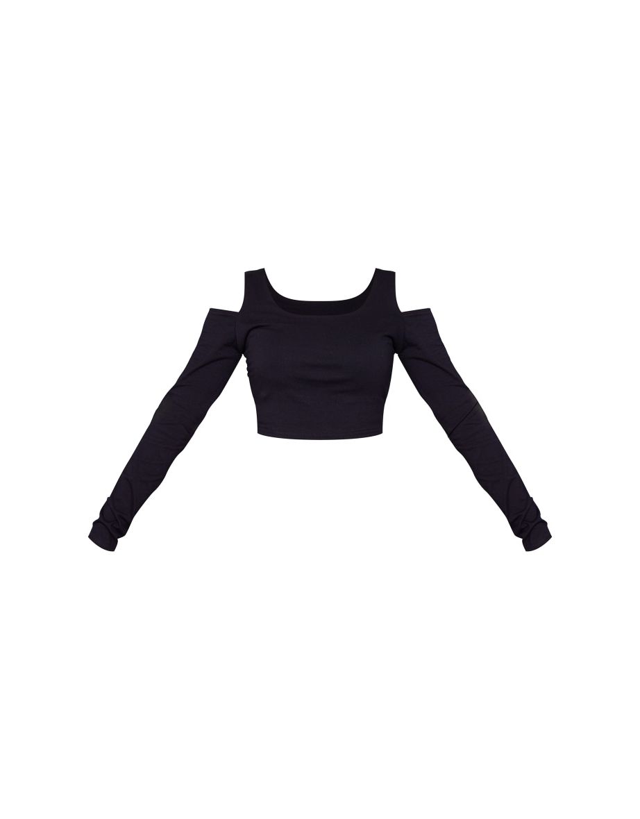 Black Cotton Cold Shoulder Crop Top - 4