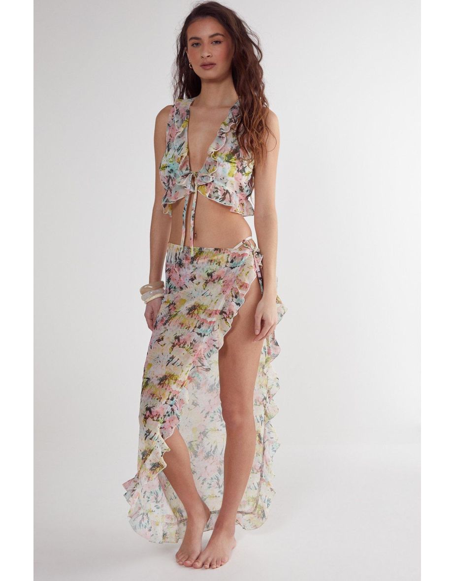 Tie Dye Ruffle Tie Front Beach Top