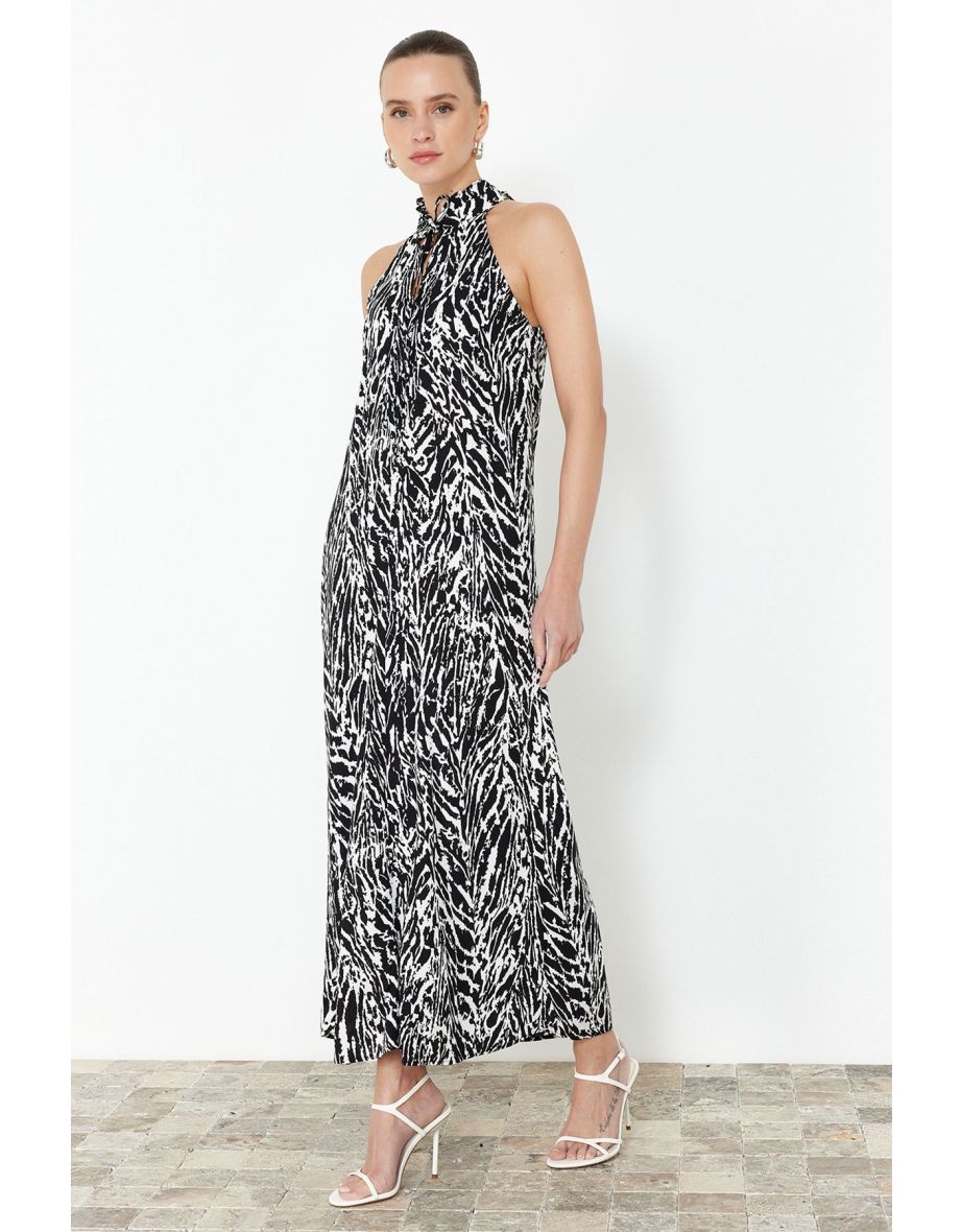 Black Shawl/Ethnic Pattern Straight Cut Halter Collar Viscose Maxi Woven Dress