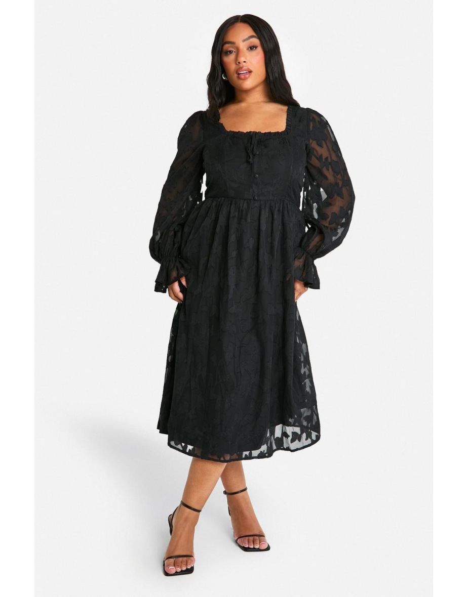 Plus Milkmaid Woven Burnout Floral Midi Skater Dress