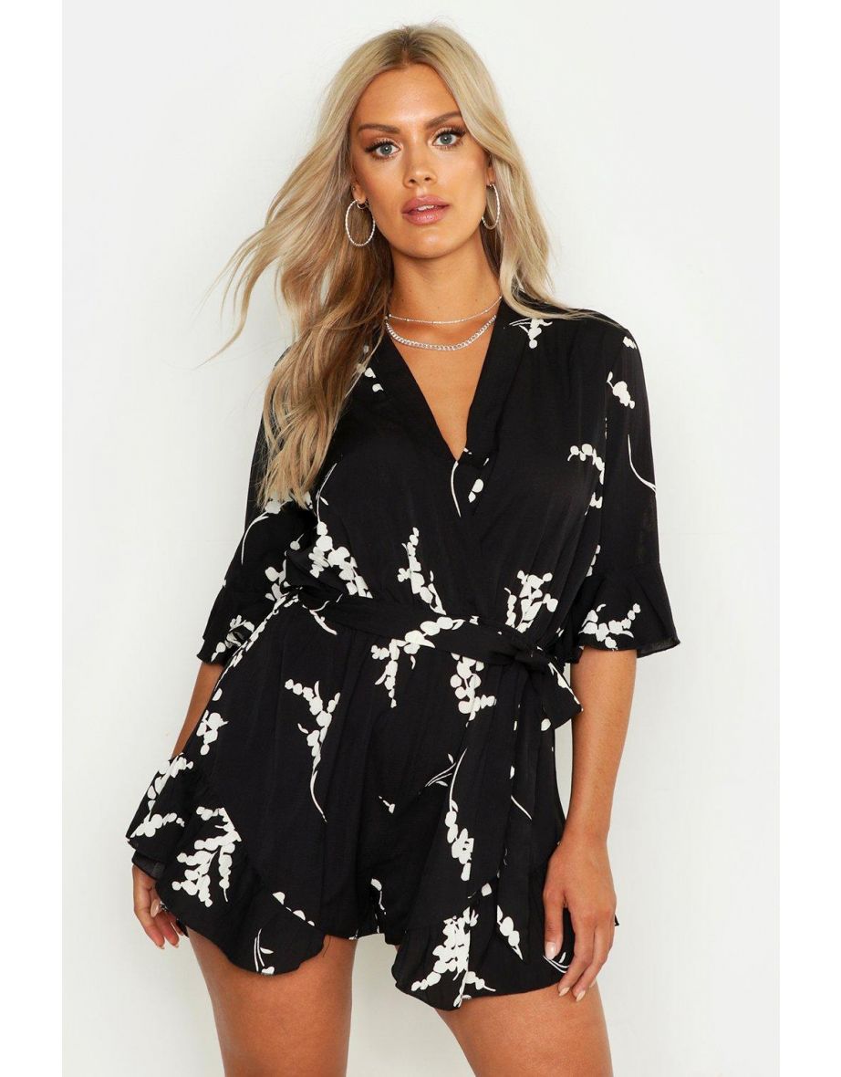 Plus Abstract Floral Print Ruffle Tie Playsuit - black