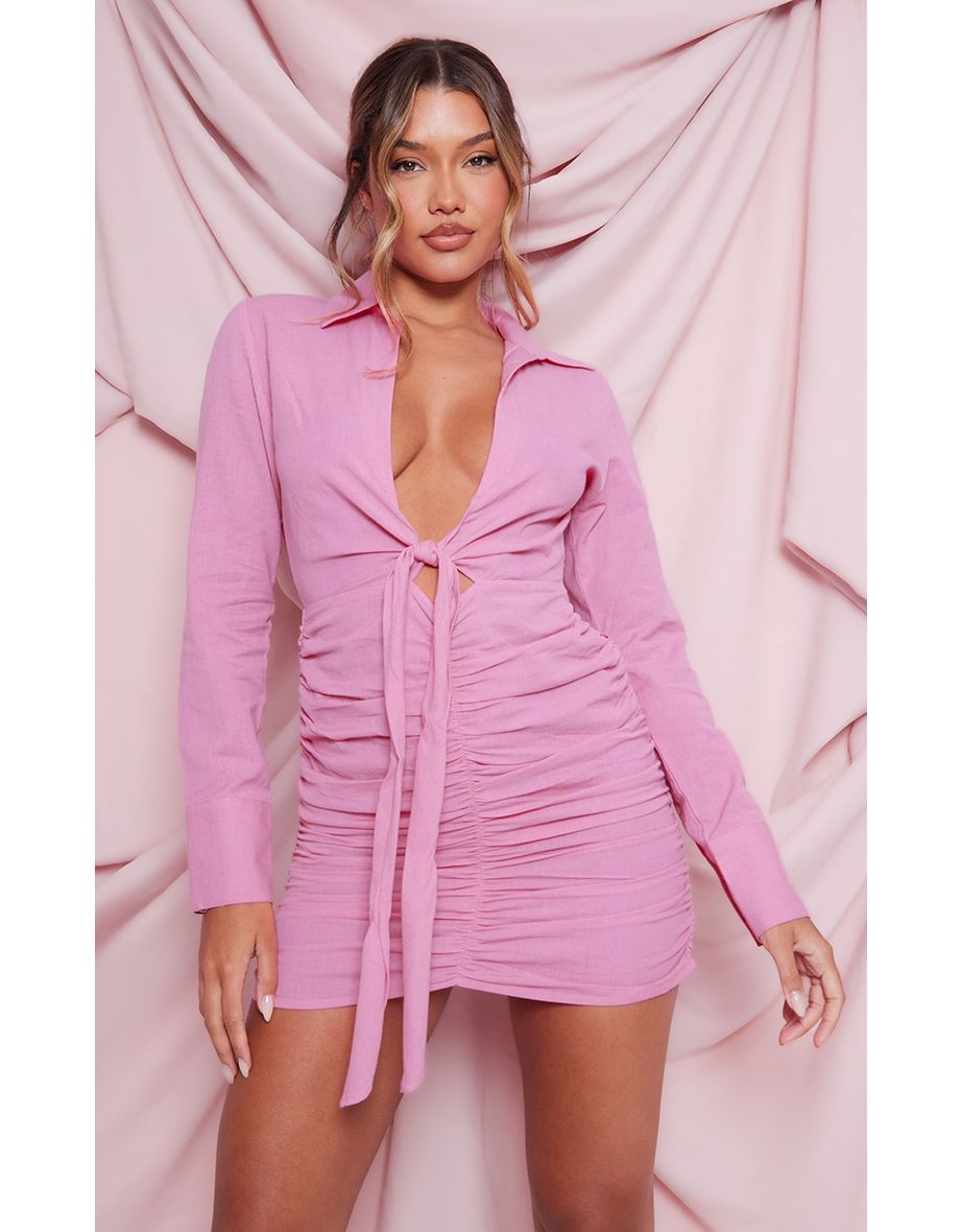 Shop Hot Pink Linen Look Ruched Plunge Shirt Dress Online in Bahrain VogaCloset