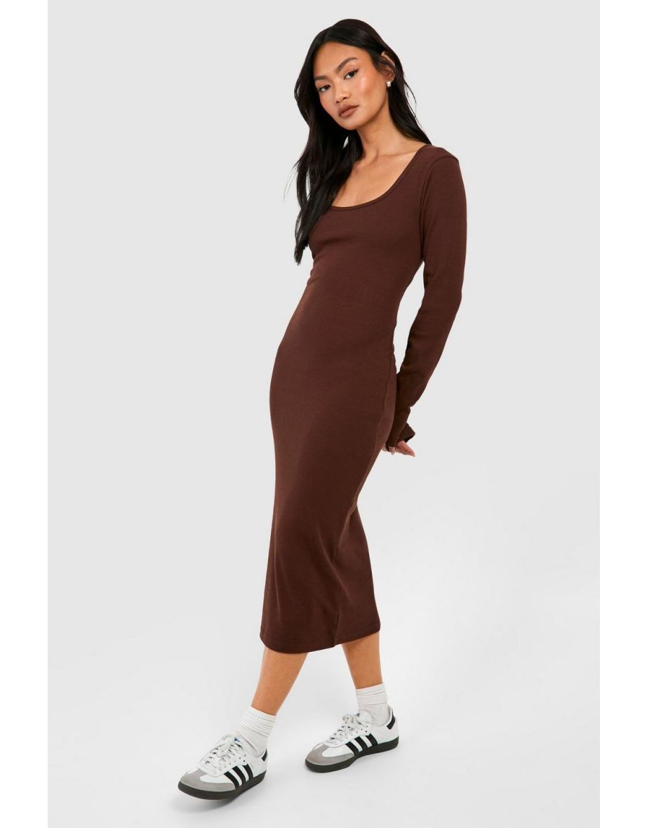 Scoop Neck Long Sleeve Rib Midi Dress - chocolate