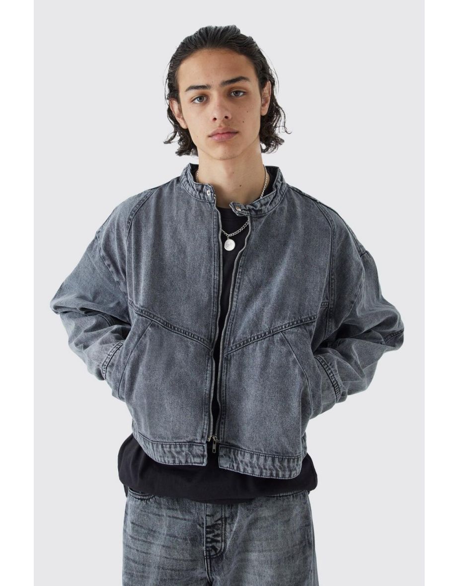 Boxy Fit Panelled Denim Moto Jacket - ice grey