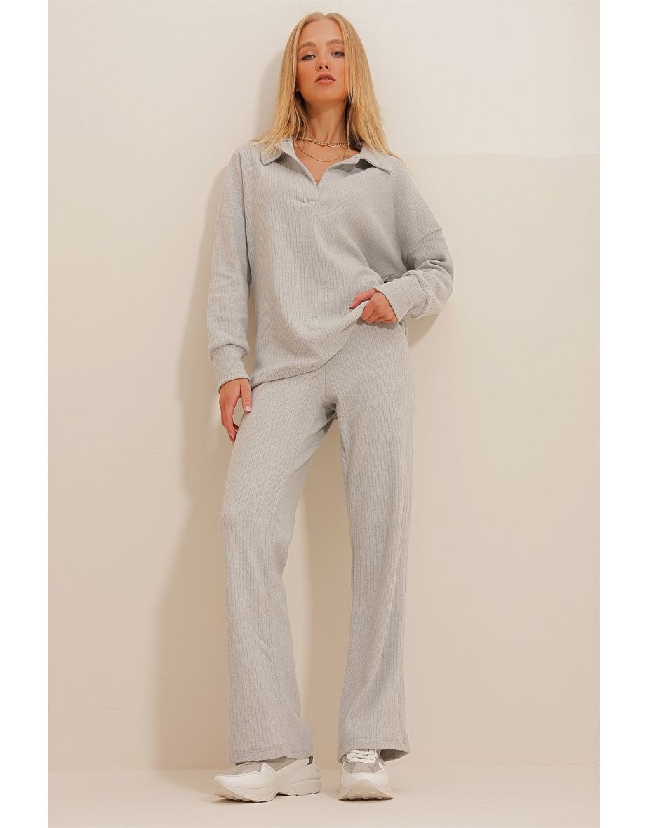 Women's Gray Polo Neck Top and Palazzo Trousers Knitwear Bottom and Top Set