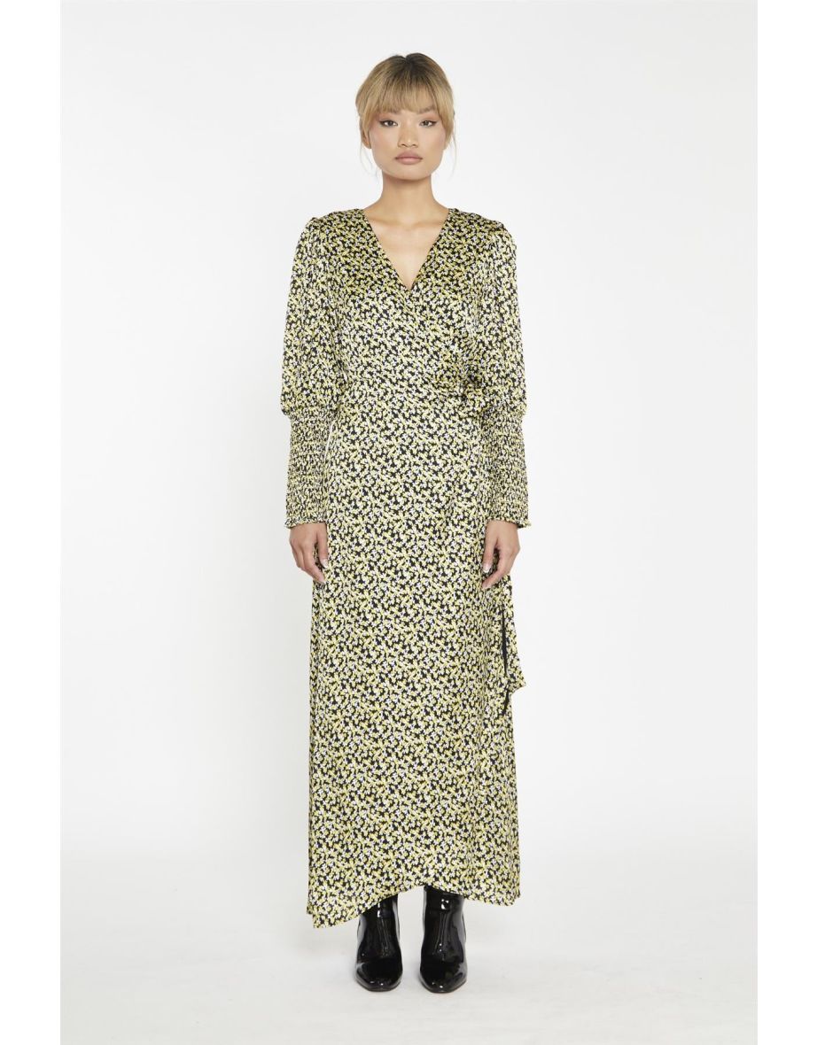 Yellow Splodgy-Floral Wrap Maxi-Dress