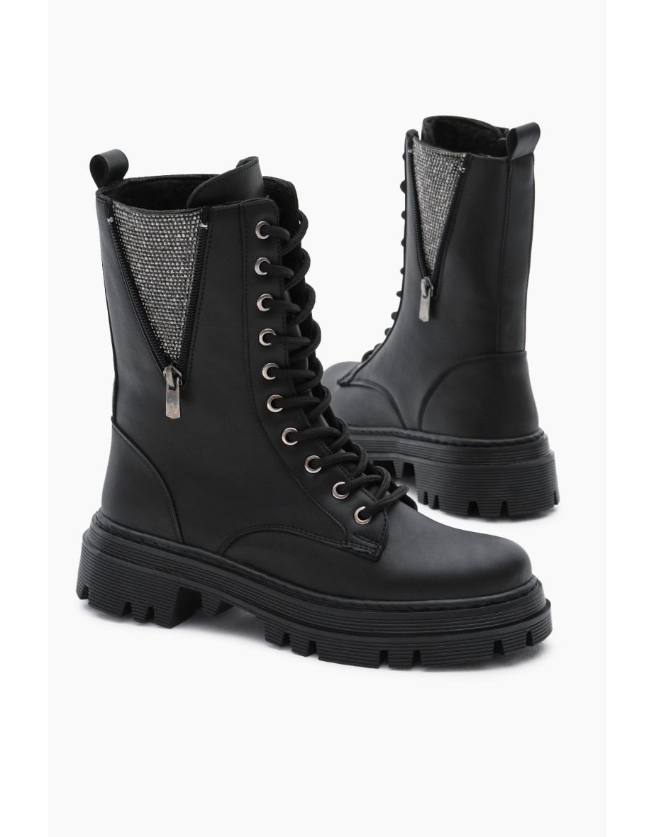 Women's Black Leather Thermo Sole Side Stone Detailed Lace up and Zippered Boots