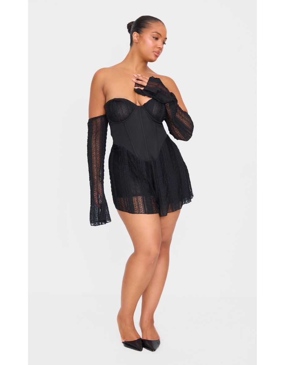 Plus Black Textured Lace Corset Detail Long Sleeve Playsuit