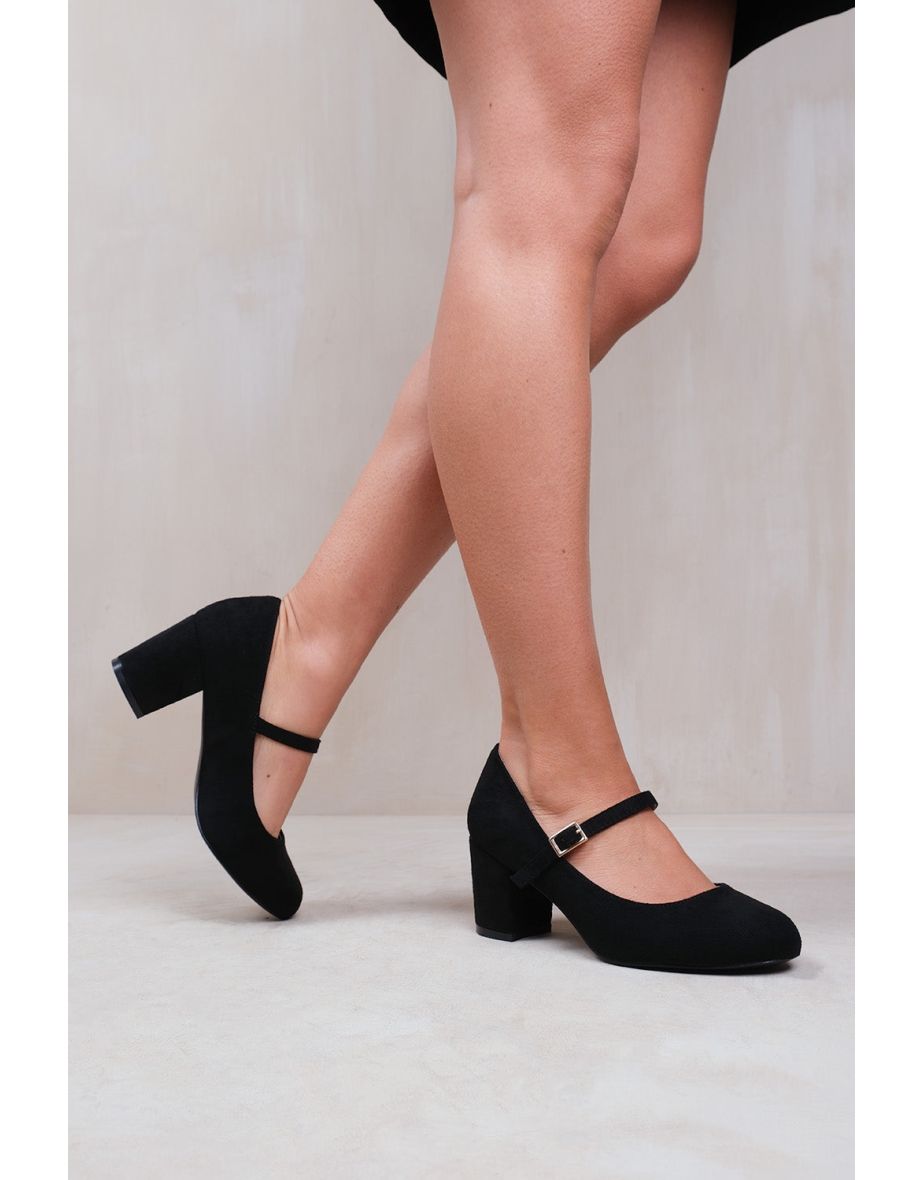 ARACELI WIDE FIT BLOCK HEEL MARY JANE PUMPS IN BLACK SUEDE