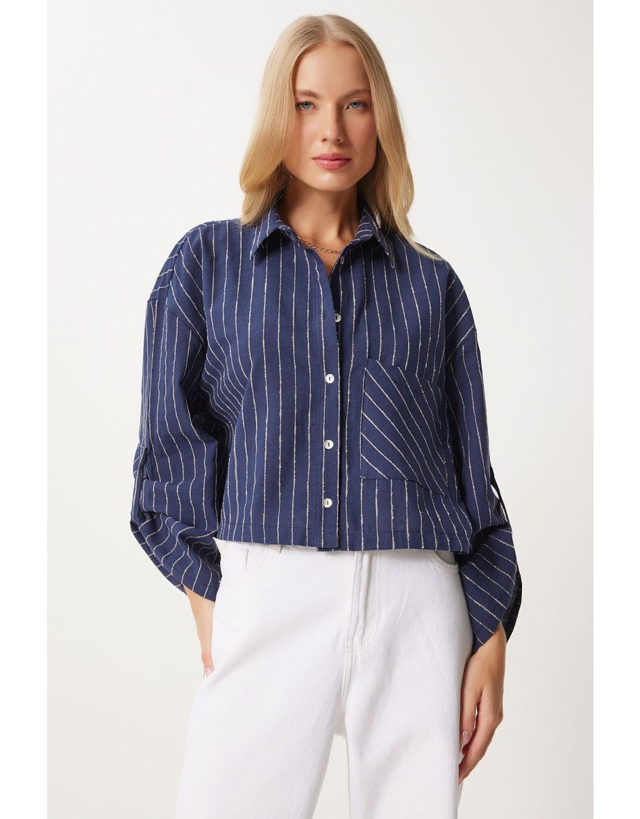 Women's Navy Blue Thin Striped Crop Linen Shirt