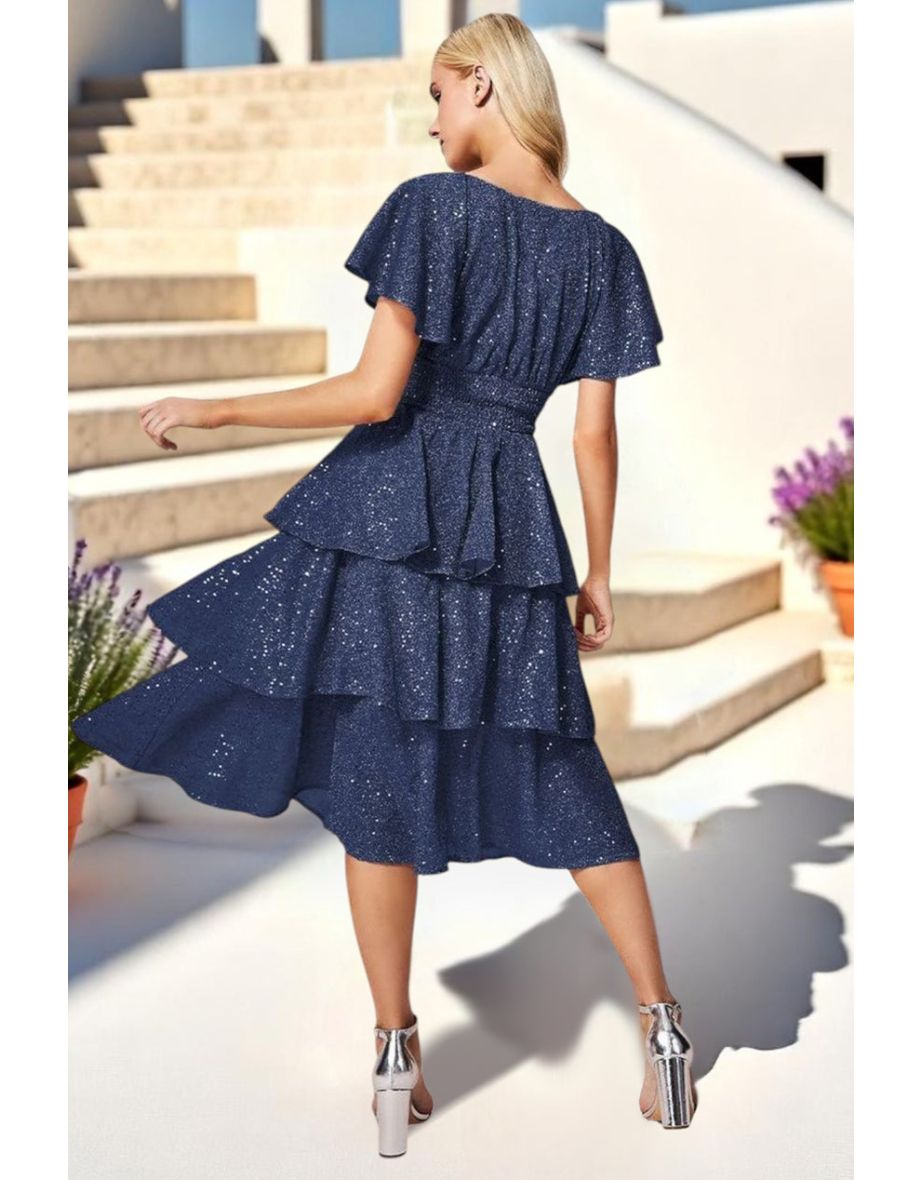 Goddiva Sequin Lurex Tiered Midi Dress - Navy - 1