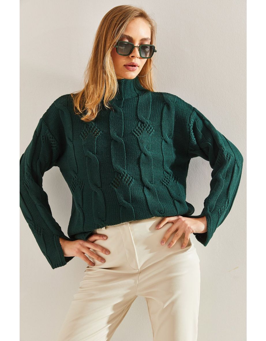 Women's Half Turtleneck Hair Knitted Patterned Knitwear Sweater